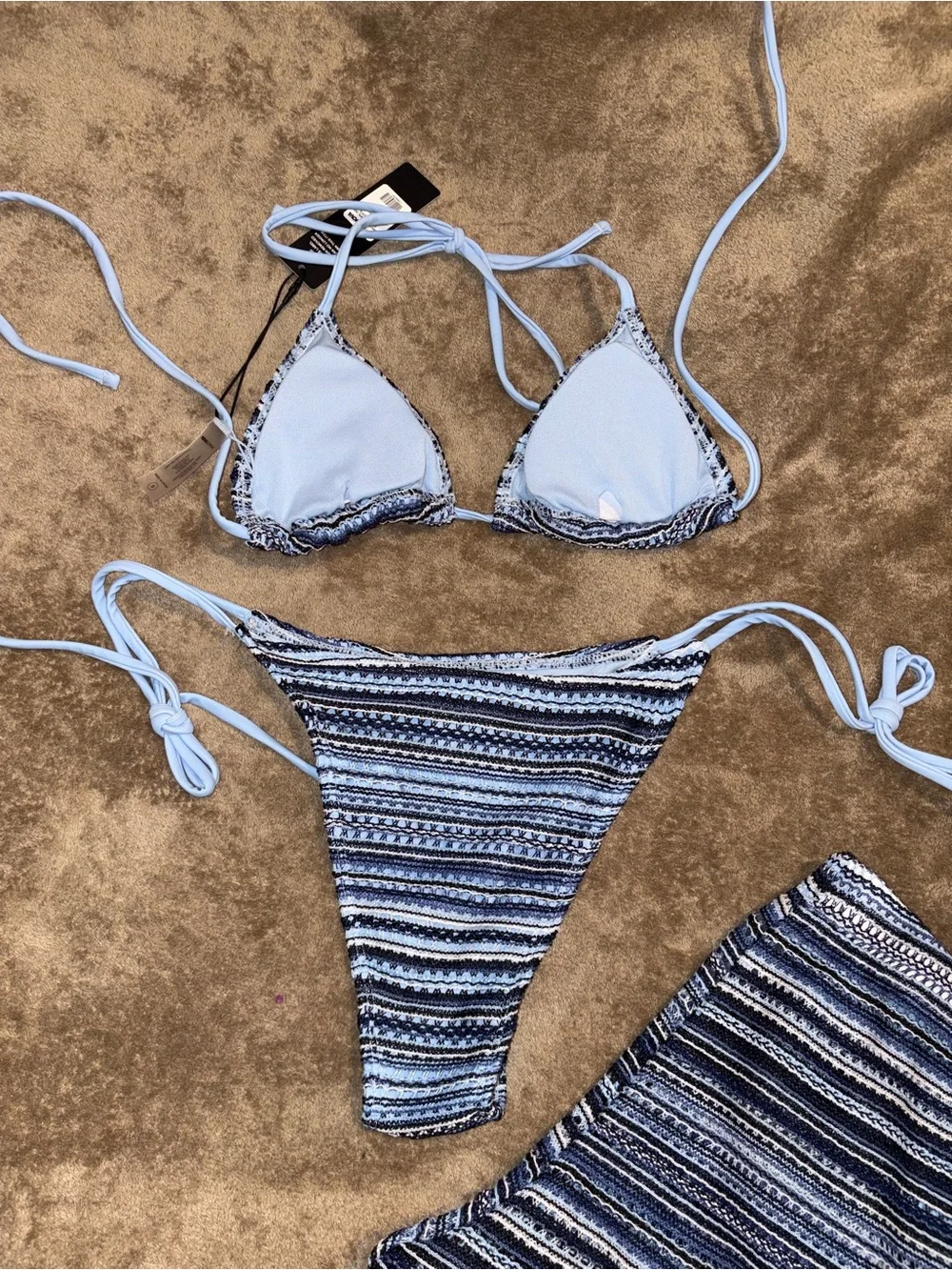 NWT Fashion Nova Blue & White Striped Tie-String Bikini 3pc Set